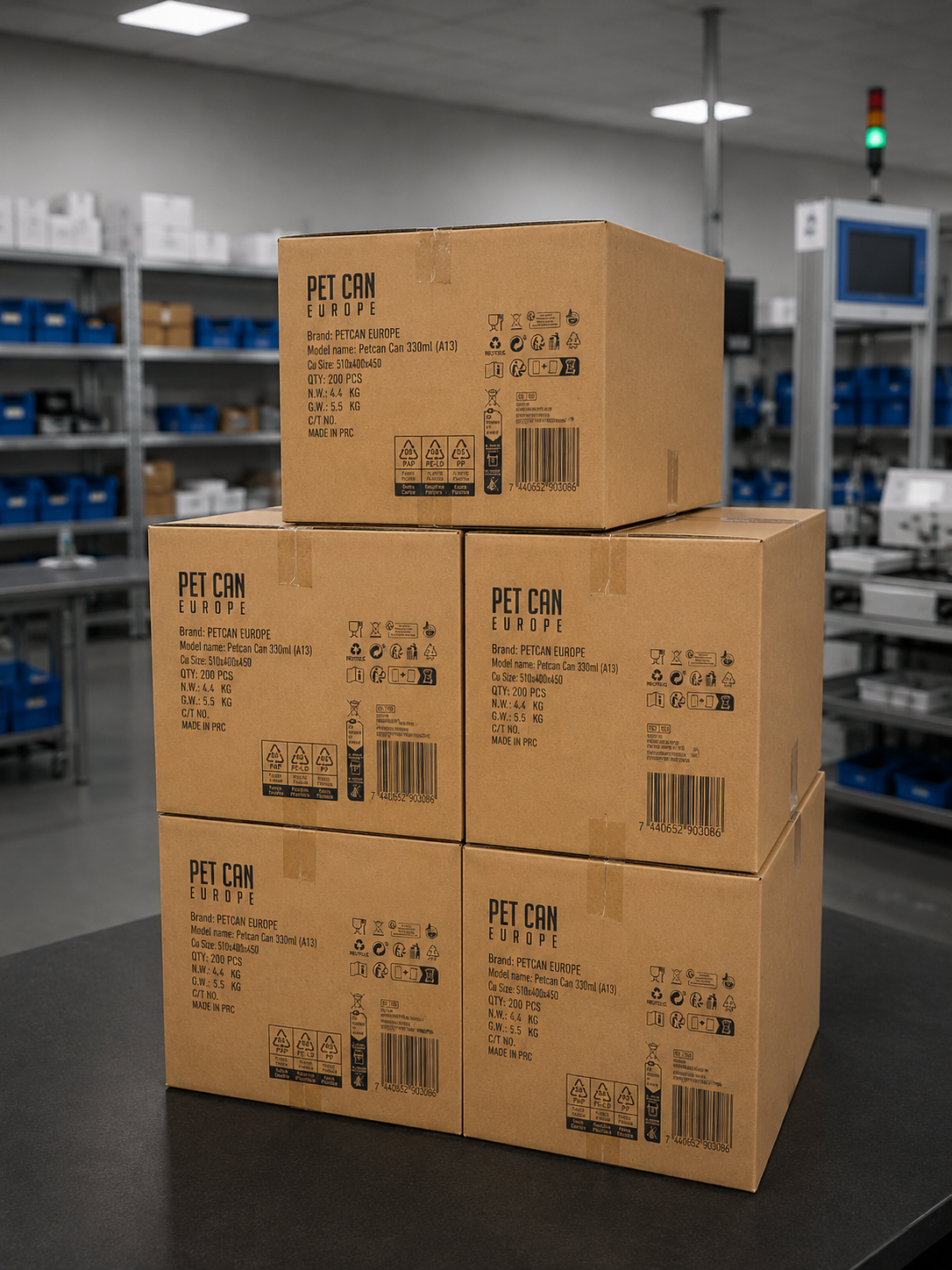 PET cans refills in boxes on a pallet – PET CAN Europe