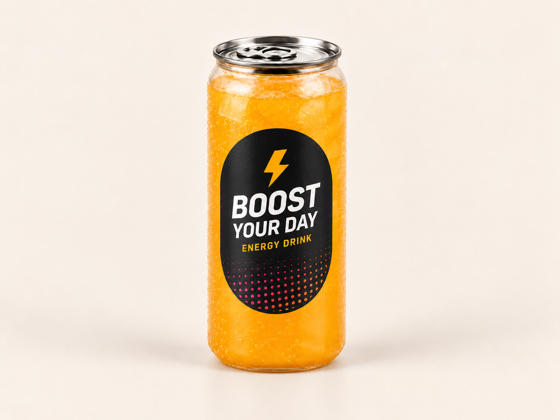Full-colour logo sticker on a PET can