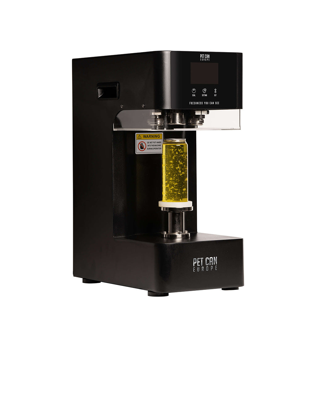 Automatic PET can sealer in black, front left view