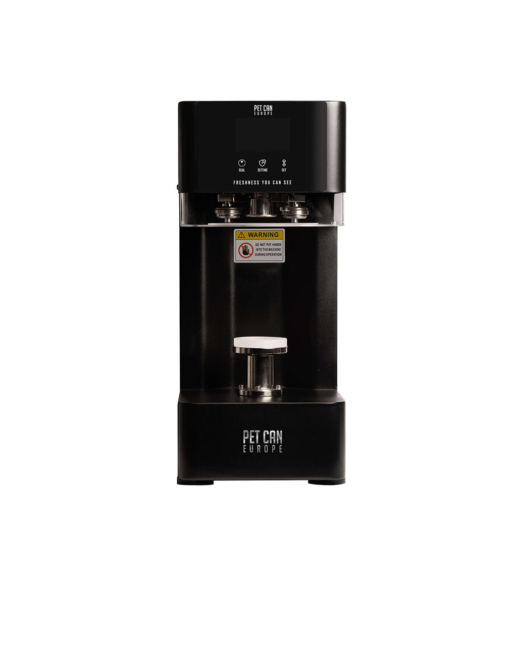 Automatic PET can sealer in black, front view