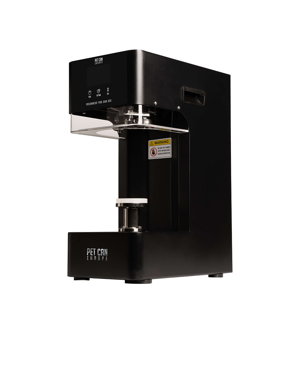 Automatic PET can sealer in black, side view