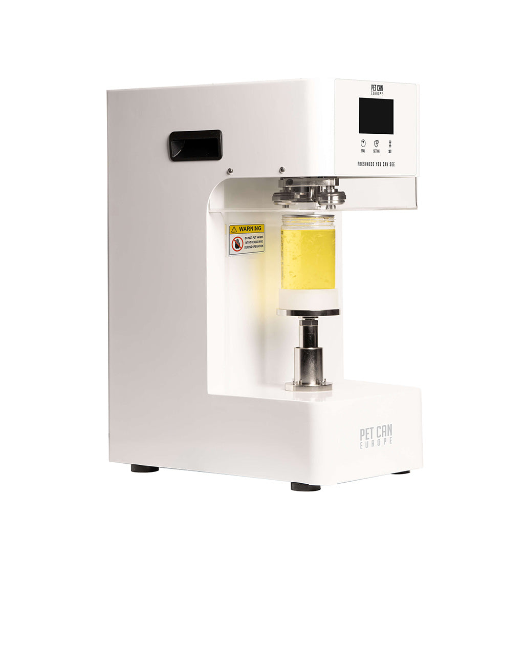 Automatic PET can sealer in white, front left view