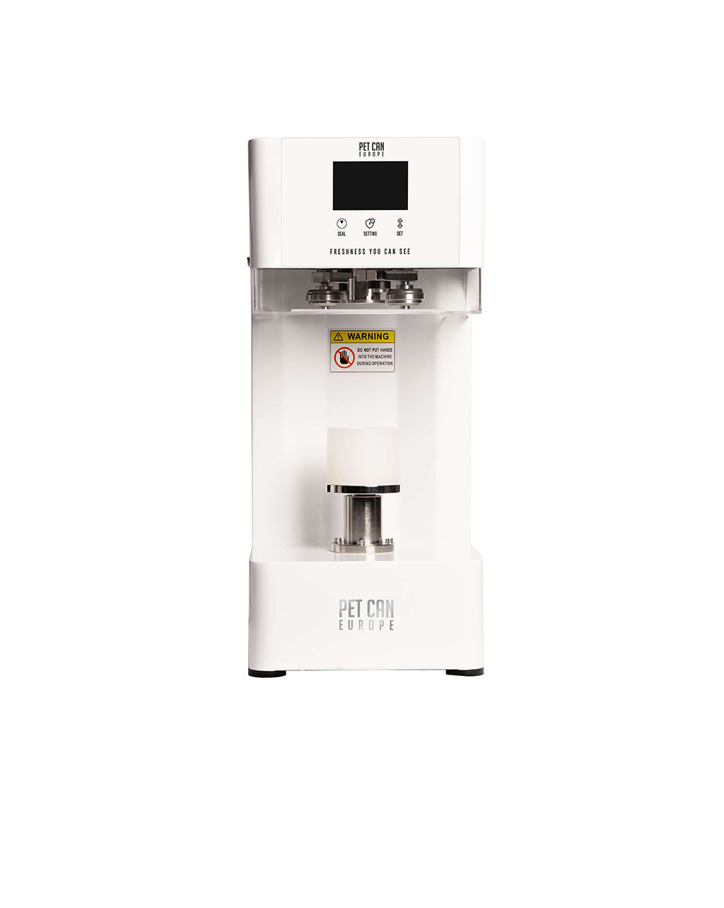 Automatic PET can sealer in white, front view