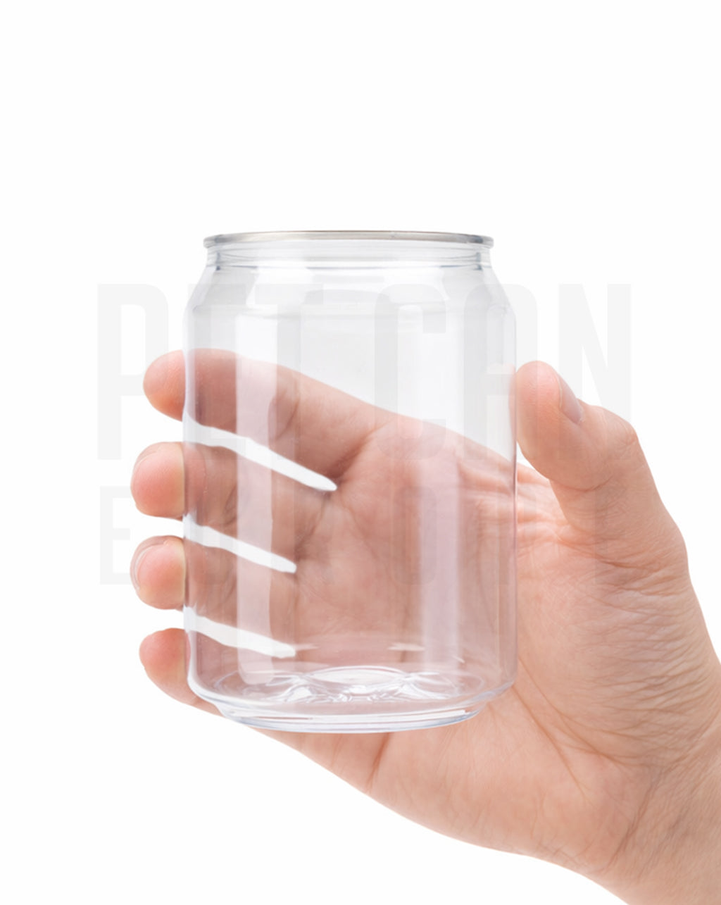 Hand holding a transparent 250 ml PET can
