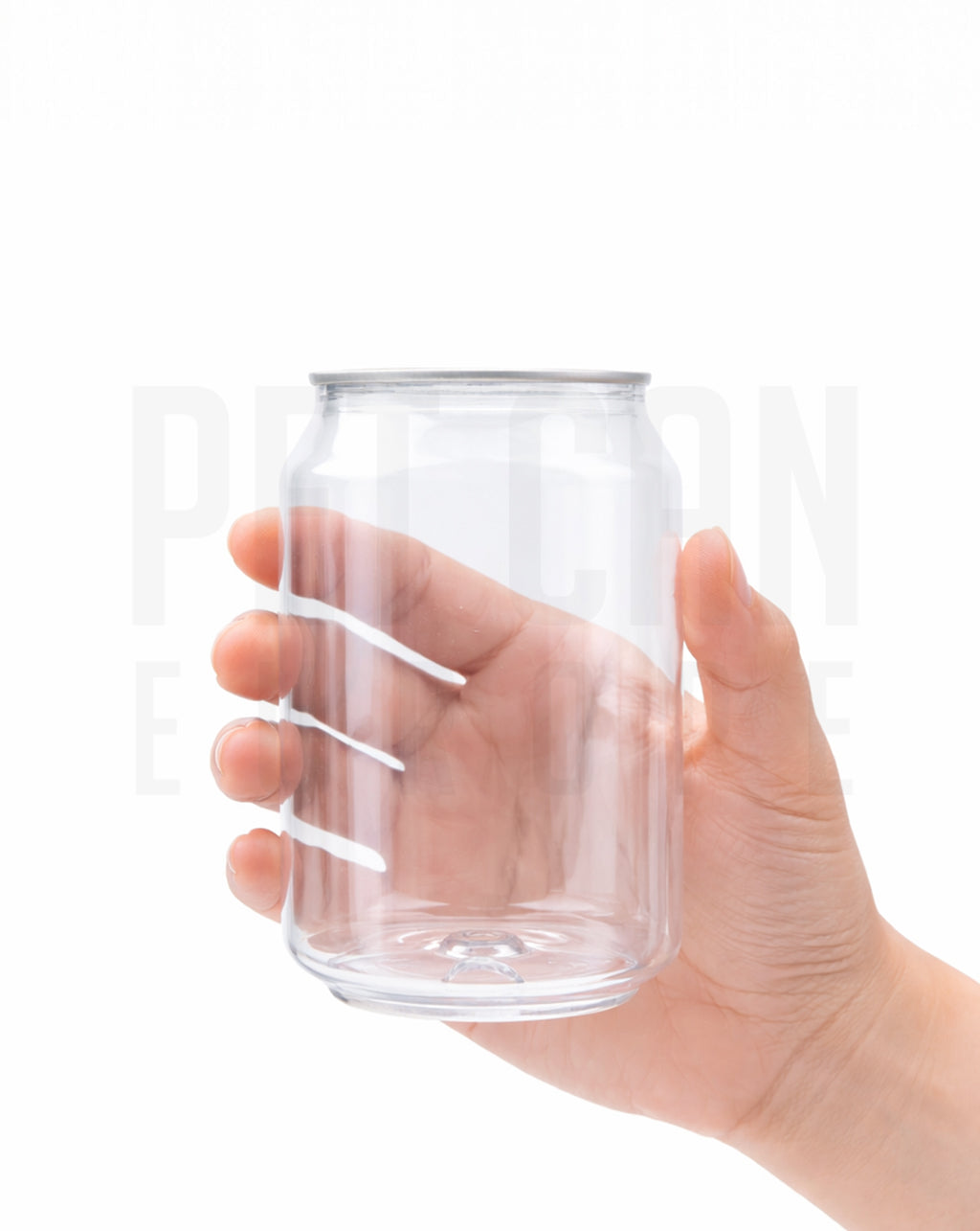 Hand holding a transparent 355 ml PET can