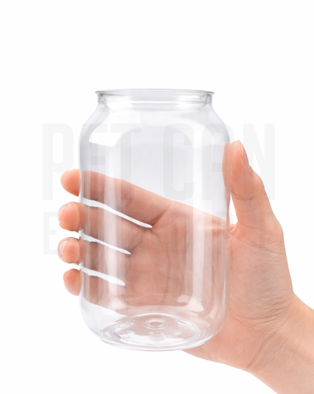 Hand holding a transparent 500 ml PET can