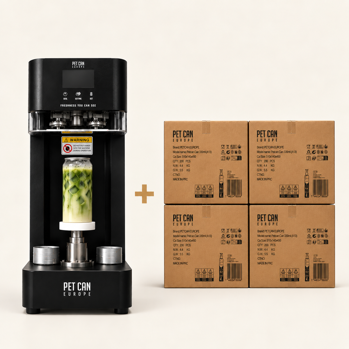 Pro Pack: automatic PET can sealer with 400 PET cans and 400 lids