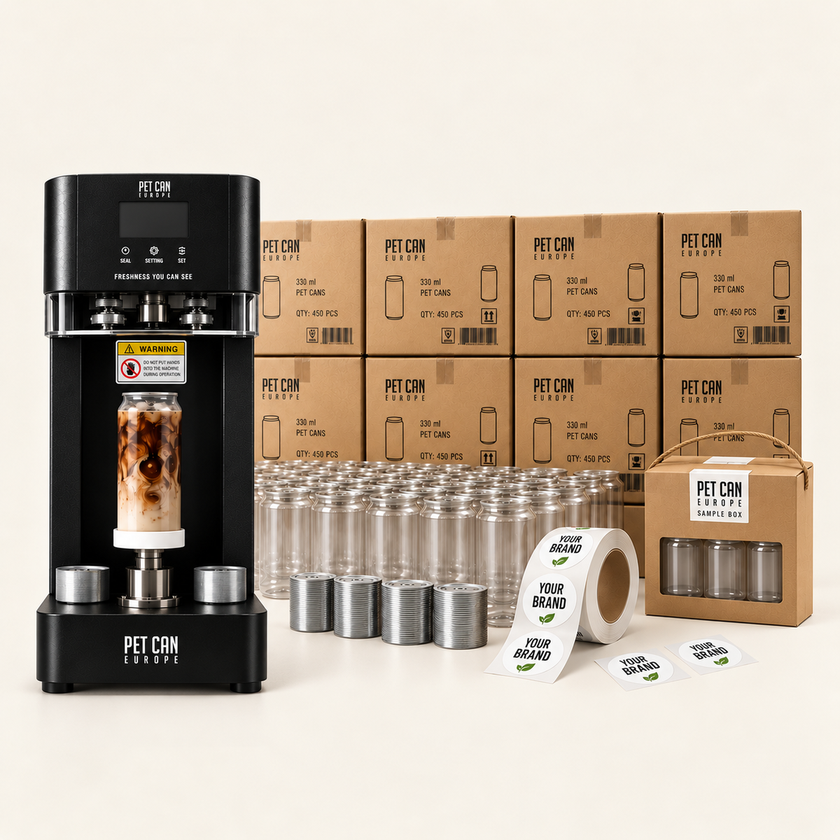 Ultra Pack: sealer, 1,800 PET cans, lids and custom stickers