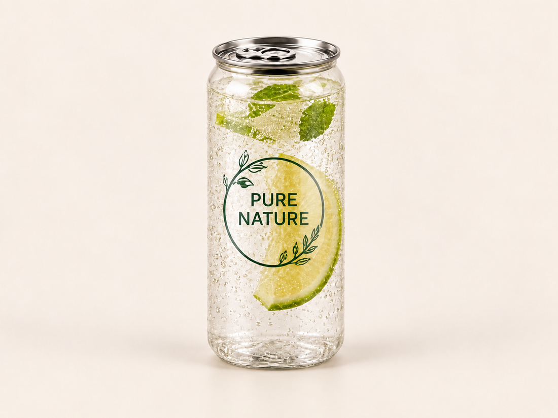 Transparent logo sticker on a PET can